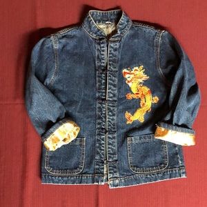Girls Denim Jacket With Embroidered Gold Chinese Dragon Size 10 Mandarin Collar